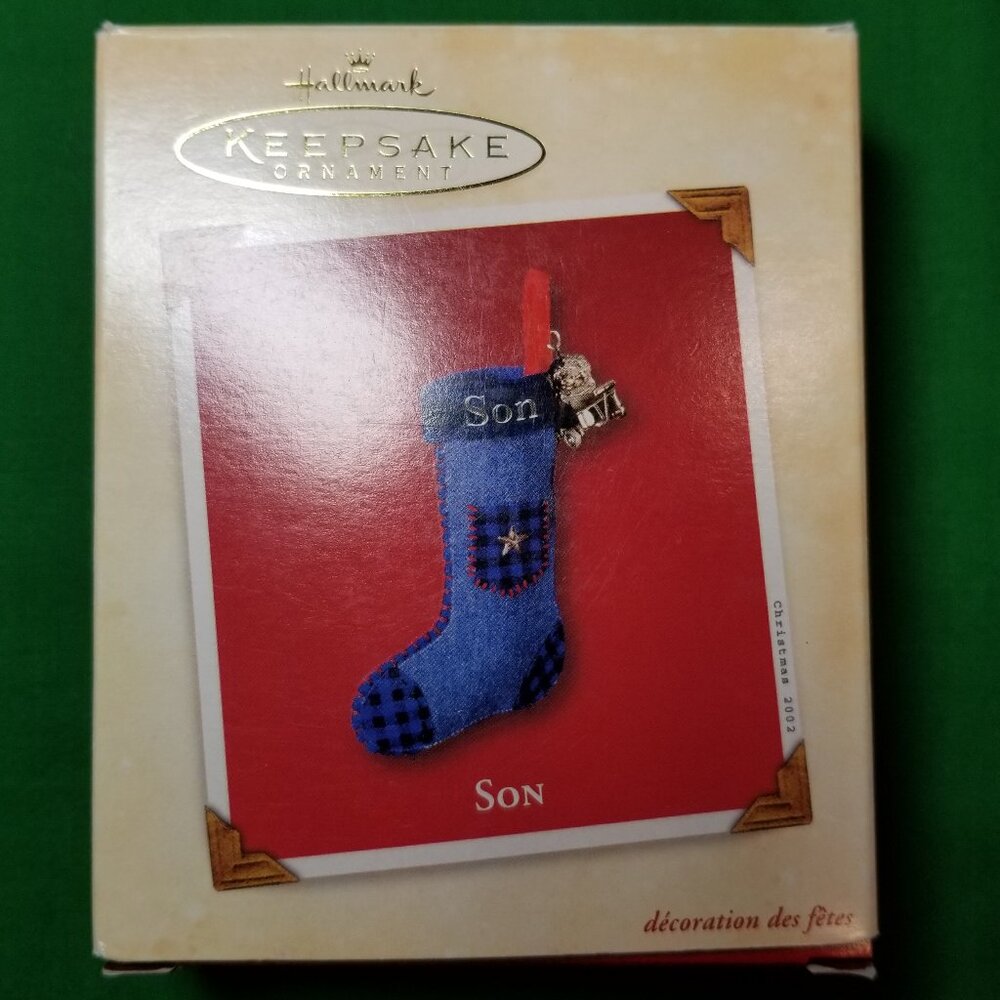 Hallmark Keepsake Ornament 2002 Son Stocking Fabric Blue Plaid Charm Christmas